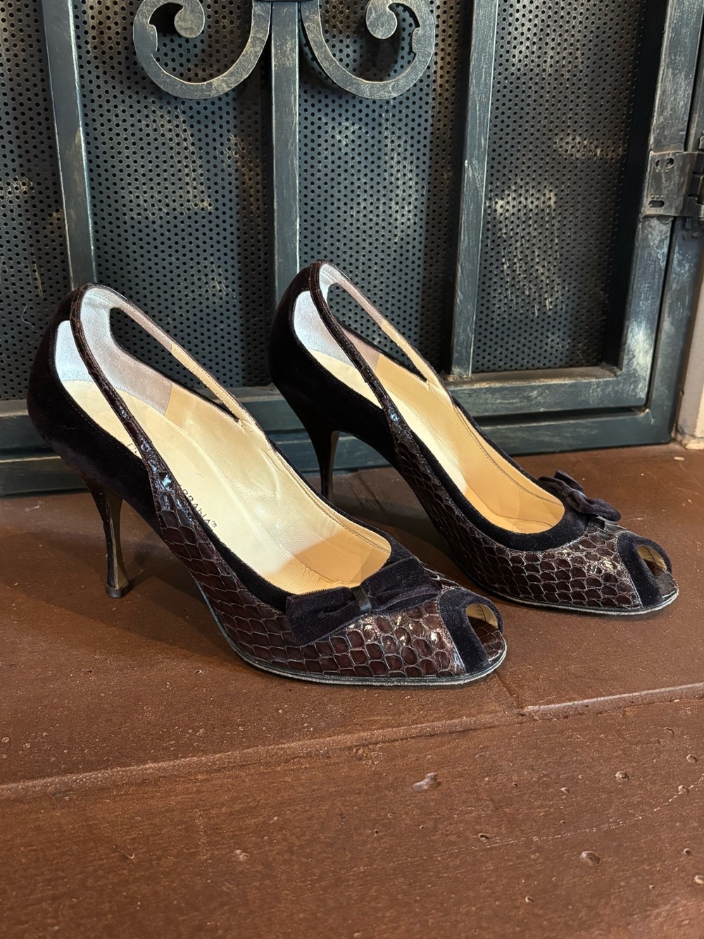 Dolce & Gabbana Brown Peep-Toe Heels with Bow Detail